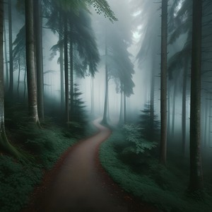 Photo of a foggy forest pasth