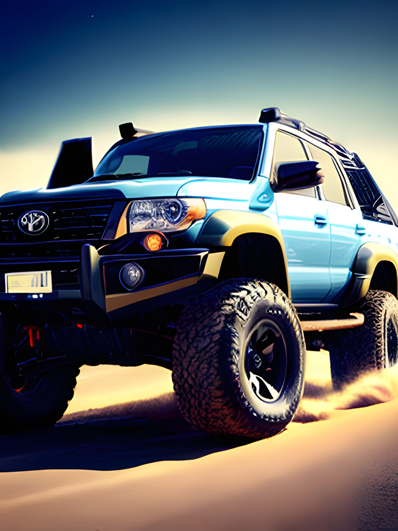 Blue offroad car on sandy road