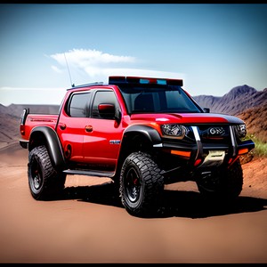 Red offroad car on sandy road