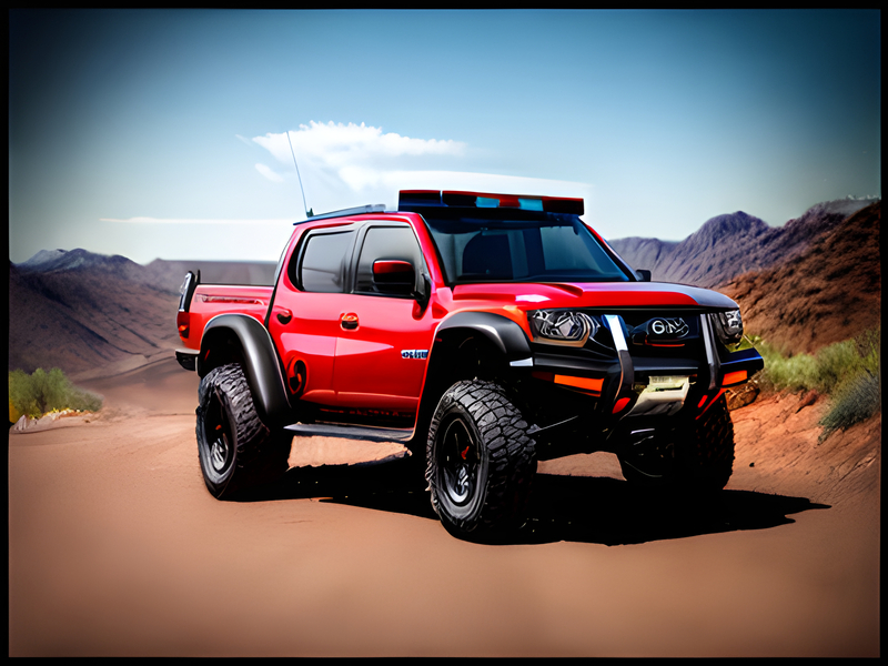 Red offroad car on sandy road