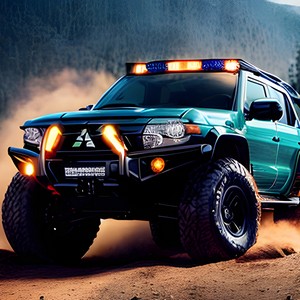 Green offroad car with lights