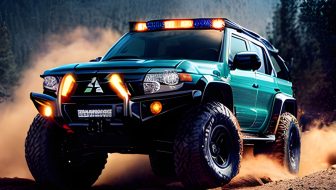 Green offroad car with lights