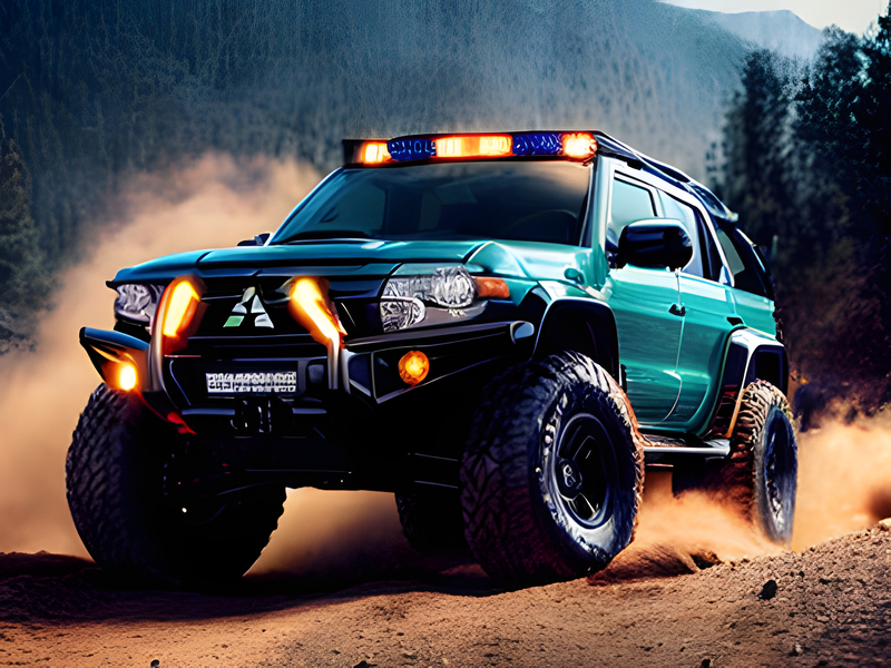 Green offroad car with lights