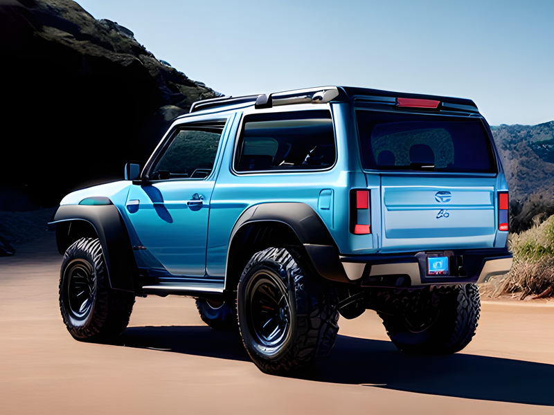 Light blue offroad car on the road