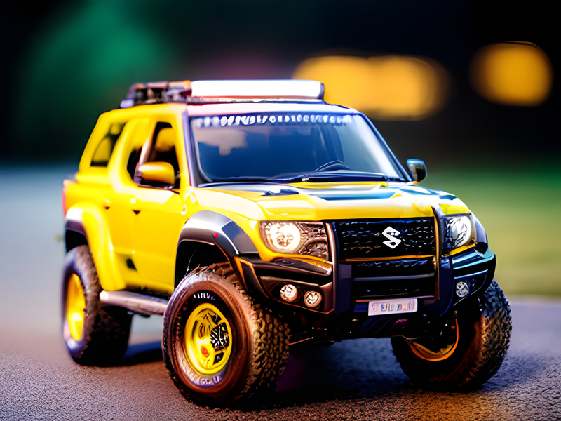 Yellow offroad car on the road