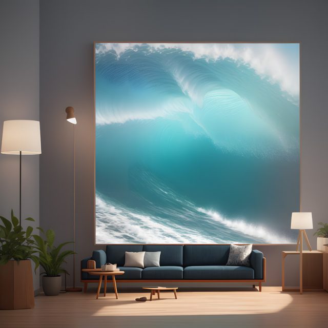 A sofa and a painting of waves