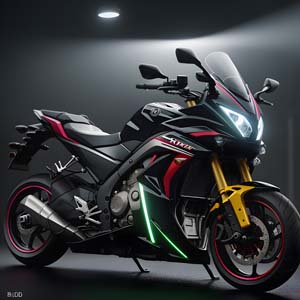 Sport motorbike in black with green stripes