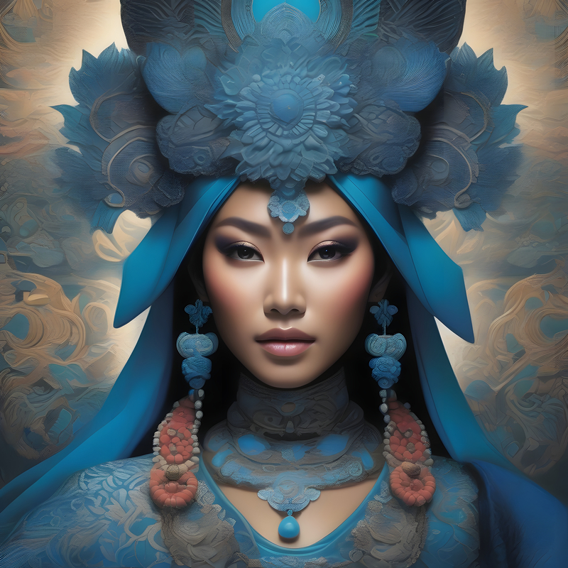 Woman with full blue decoration