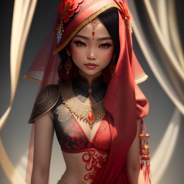 Woman in black and red outfit