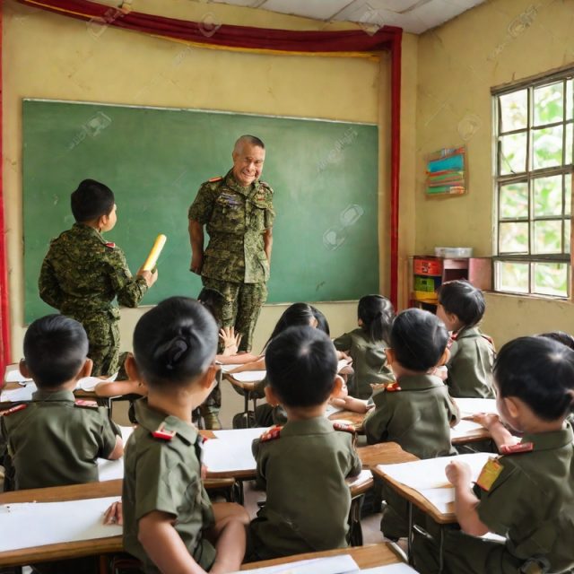 A military teacher explains in front of the class