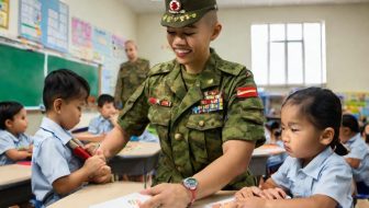 A soldier teaches lessons to children