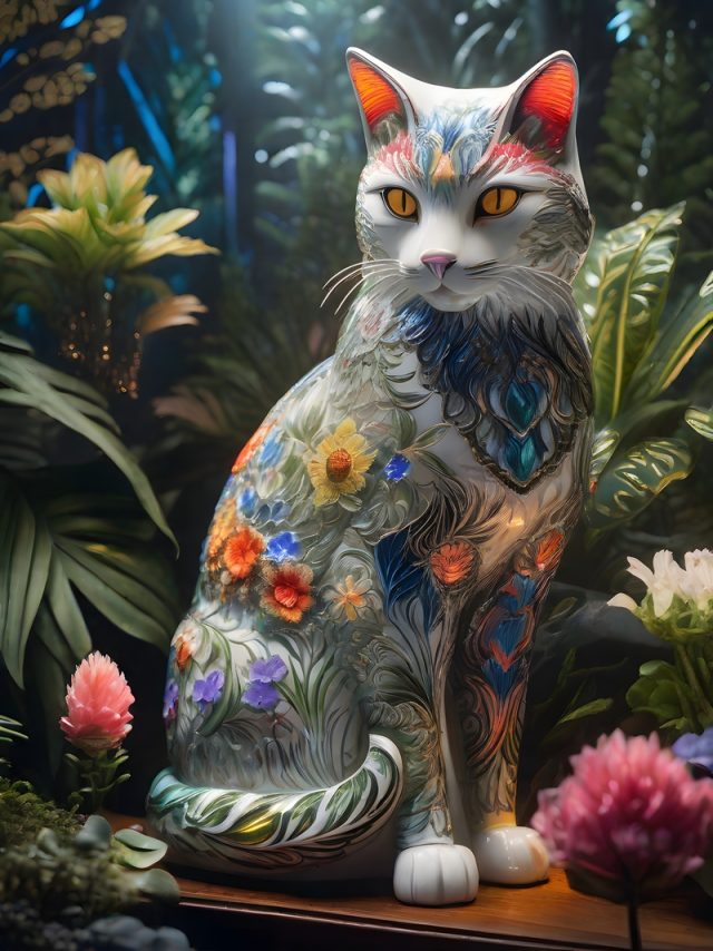 Cat statue with flower ornaments on its body