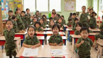 Children learning to wear military uniforms