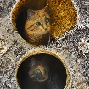 Classic painting of two cats with carvings