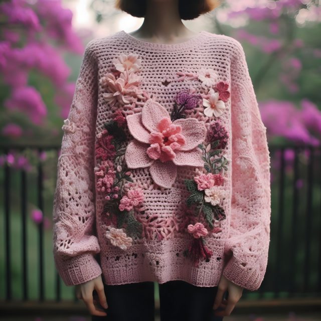 Floral knit sweater worn by women