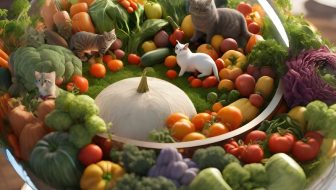 Four cats among large vegetables