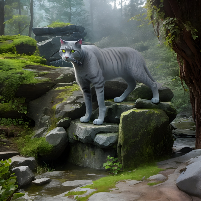 Gray cat on mossy rocks