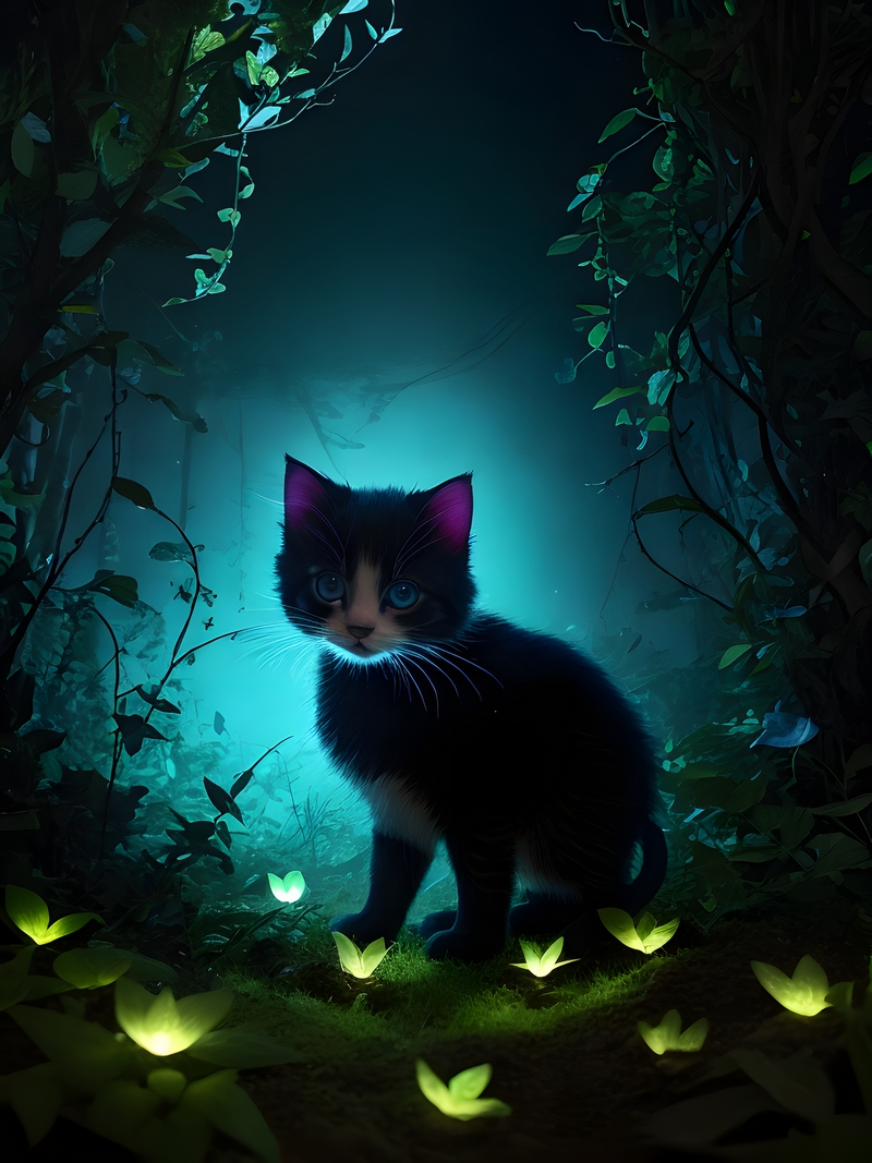 Kitten in the forest at midnight