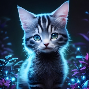 Kitten surrounded by flowers at night