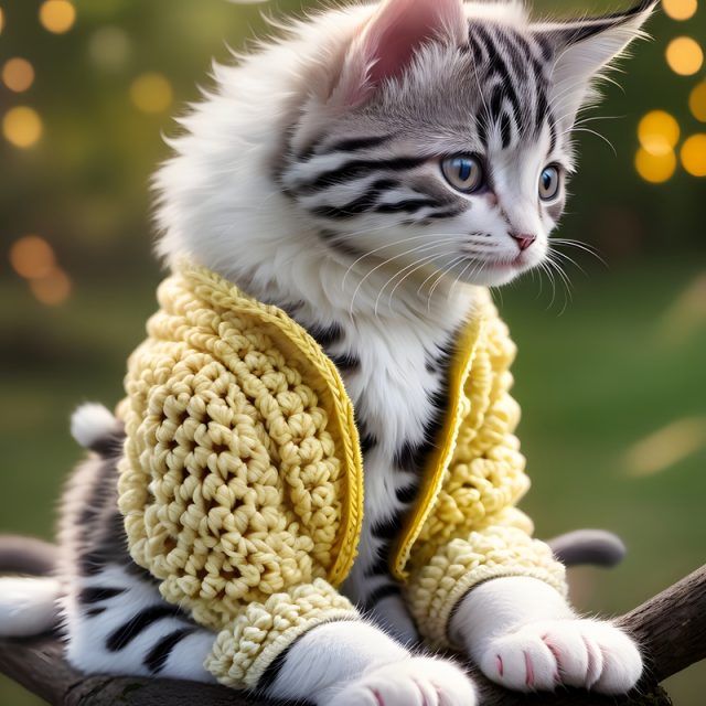 Kitten wearing a yellow knit jacket
