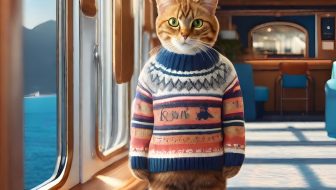 Orange cat wearing knit sweaters on a boat