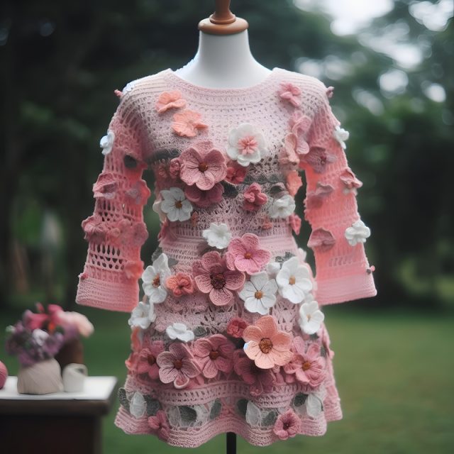 Pink sweater with white pink flowers around it