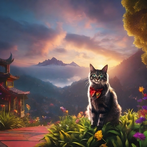 Seated cat with mountains and siheyuan in the background