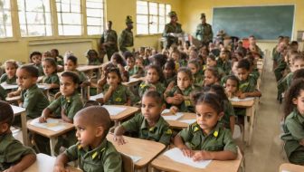 South Asian children learn with soldiers