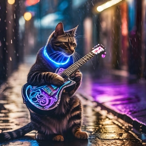 Striped cat playing electric guitar