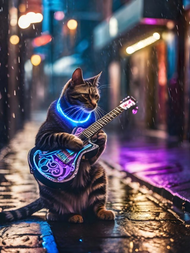 Striped cat playing electric guitar