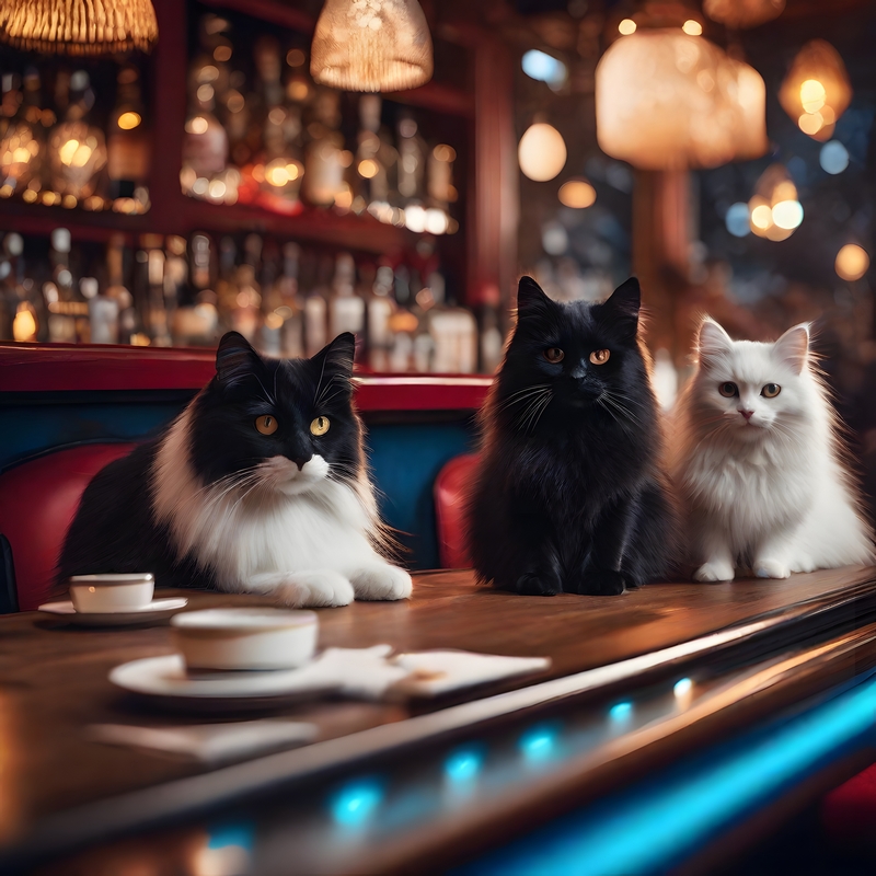 Three cats relaxing at a cafe