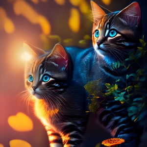 Two kittens with amazed faces in the forest