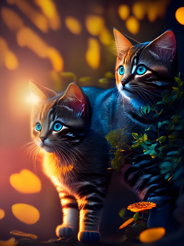 Two kittens with amazed faces in the forest