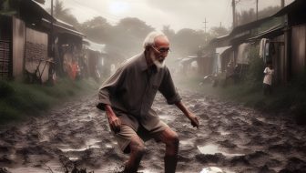 A grandfather playing ball in the mud