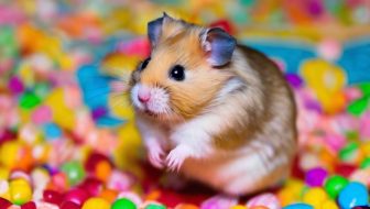 A hamster playing in the middle of candy