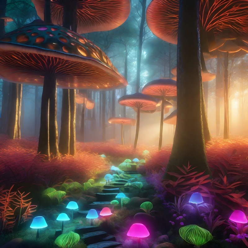 A path lit by glowing mushrooms