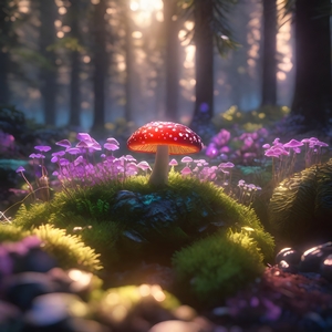 A red mushroom among purple mushrooms