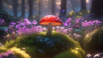 A red mushroom among purple mushrooms