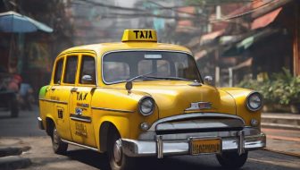 A taxi in the middle of the city