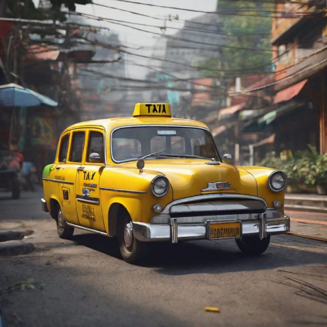 A taxi in the middle of the city