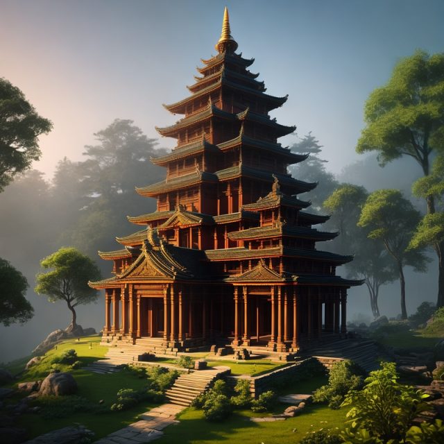 A temple in the middle of a lush forest