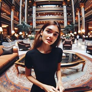 A woman posing for a picture in a hotel lobby