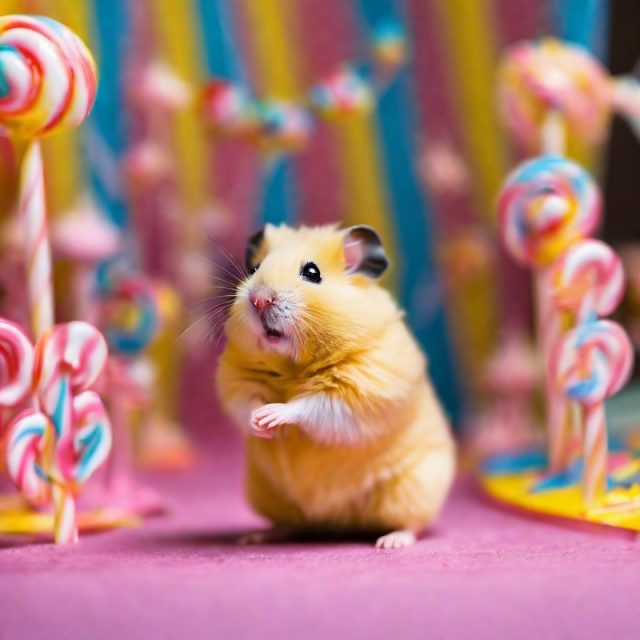 A yellow hamster at a candy crossroads