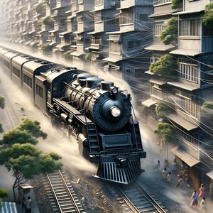 An old train passing between buildings