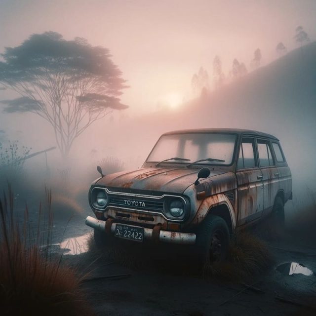 An outdated car in a remote place