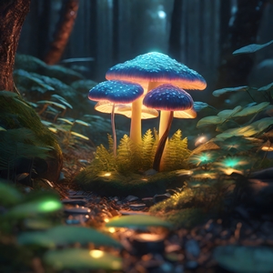 Beautiful mushrooms illuminate a small section of grass