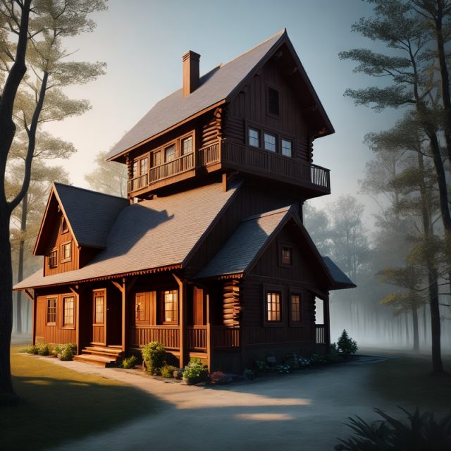 Cabin house in the misty forest
