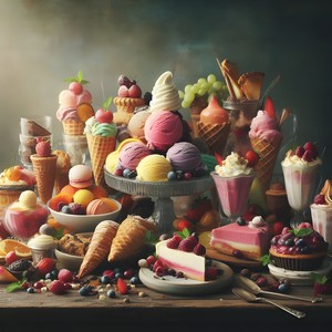 Collection of delicious desserts ice cream and cakes