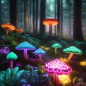 Colorful glowing mushrooms in the forest