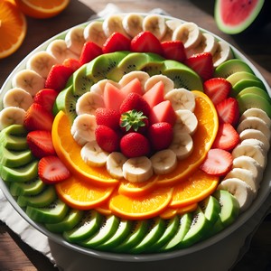 Fruit slices neatly arranged on a white plate